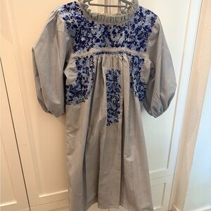 Striped Dress with Blue Floral Embroidery